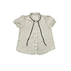 Daisy May Women's XL Beige Floral Puff Sleeve Blouse Tie Neck